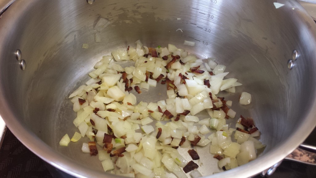 Brown onions with chopped bacon