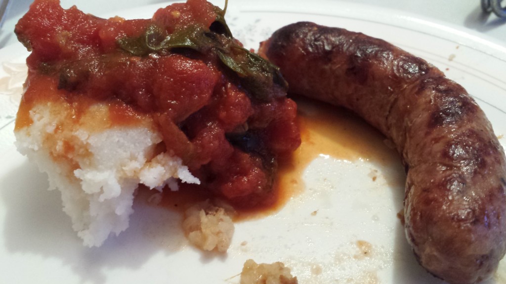 Boerewors with pap and tomato sauce